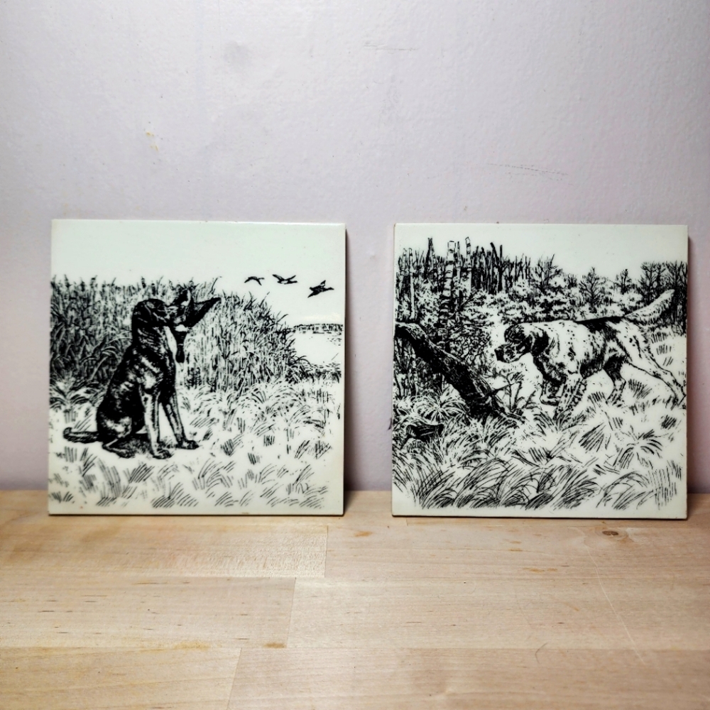 Vintage Pair‎ Of Soriano Ceramics GSP Dog Tile Trivet 6"×6" Hunting Birddogs
